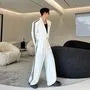 Set: Lapel Collar Striped Button Blazer + Mid Rise Wide Leg Pants
