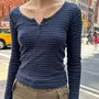 Long Sleeve Half-Button Striped Slim-Fit Crop Top