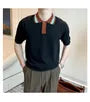 Short-Sleeve Striped Collar Knit Polo Top