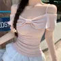Short-Sleeve Cold-Shoulder Plain Bow Tee