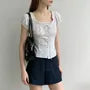 Puff Sleeve Scoop Neck Lace-TRim Tie-Front Slim-Fit Top