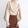 Balloon-Sleeve Long-Sleeve Mandarin-Collar Plain Blouse