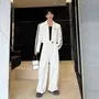 Set: Lapel Collar Striped Button Blazer + Mid Rise Wide Leg Pants