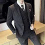Set: Notch Lapel One-Buttoned Plain Blazer + Mid Rise Cropped Straight Leg Dress Pants + V-Neck Double-Breasted Vest