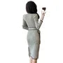 Long Sleeve Mock Neck Contrast Trim Tie-Waist Ribbed Knit Midi Sheath Dress