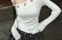 Long-Sleeve Off Shoulder Plain Ruched Tee / Mid Rise Camouflage Baggy Pants / Faux Leather Belt / Set