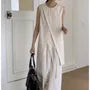 Set: Sleeveless Round Neck Plain Panel Slit Top + High Waist Wide Leg Pants