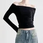 Long Sleeve Off-Shoulder Plain Slim-Fit Top