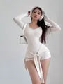 Long Sleeve Scoop Neck Plain Tie-Up Zip Romper