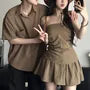 Couple Matching Short-Sleeve Collared Plain Shirt / Ruched Tube Top / High Waist Mini A-Line Skirt / Set