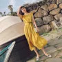 Cap-Sleeve Plain Slit Midi Button-Front Belted Dress