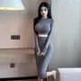 Set: Long-Sleeve Plain Crop Knit Top + High Waist Midi Pencil Skirt