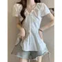 Short Sleeve V-Neck Drawstring Plain Slim-Fit Blouse