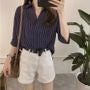 3/4-Sleeve V Neck Striped Shirt