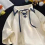 Short Sleeve Collared Contrast Trim Lace Up Top