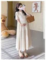 Maternity Short-Sleeve Crewneck Pleated Maxi A-Line Dress