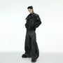 Mid Rise Washed Fray Panel Wide Leg Cargo Jeans