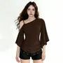 3/4-Sleeve Cold Shoulder Plain Ruched Slim Fit T-Shirt