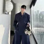 Set: Peak Lapel Striped Double-Breasted Blazer + Mid Rise Wide Leg Dress Pants