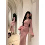 Flared-Sleeve V-Neck Lace Maxi Mermaid Dress