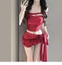 Set: Plain Corsage Tube Swim Top + Ruffle Asymmetrical Swim Skirt