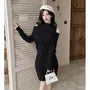 Set: Sleeveless Mock Neck Plain Sheath Knit Dress + Long-Sleeve Ribbed Knit Top
