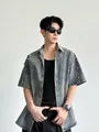 Short Sleeve Collared Washed Faux Pearl Beaded Denim Shirt