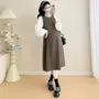 Maternity Mock Two-Piece Long-Sleeve Two Tone Midi A-Line Dress