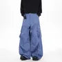 Mid Rise Gingham Panel Distressed Wide Leg Cargo Pants