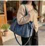 Studded Flap Pocket Washed Denim Crossbody Tote Bag