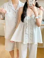 Couple Matching Striped Ruffle Pajama Camisole Top / Straight Leg Pants / Short Sleeve Collared Shirt / Shorts / Set