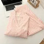 Pajama Set: Long-Sleeve Lapel Collar Plaid Lace Trim Button-Up Top + Pants