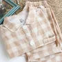 Couple Matching Pajama Set: Long Sleeve Collared Plaid Shirt + Elastic Waist Straight Leg Pants (Various Designs)