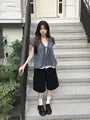Mock Two-Piece Short-Sleeve V-Neck Frill Trim Striped Blouse