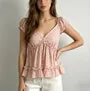 Puff Sleeve V-Neck Polka Dot Ruffled-trim A-Line Blouse