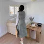[XL-4XL] Long Sleeve V-Neck Plaid Panel Double Breasted Midi A-Line Dress