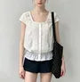 Cap Sleeve Square-Neck Lace-Trim Plain Pleated Slim-Fit Blouse