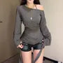 Long-Sleeve Scoop Neck Plain Sashed Slim Fit Top