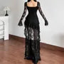 Long Sleeve Sweetheart Neck Plain Ruffle High-Low Lace A-Line Dress