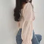 Cinched Sleeve Square Neck Plain Ruched Tie Front Blouse