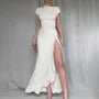 Short-Sleeve Asymmetrical Neck Plain Knot Ruched Slit Maxi Sheath Dress