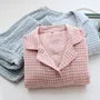 Couple Matching Pajama Set: Long Sleeve Collared Plaid Shirt + Elastic Waist Straight Leg Pants (Various Designs)