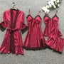 Pajama Set: Satin Panel Lace Camisole Top + Spaghetti Strap Nightdress + Shorts + Robe