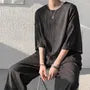 3/4-Sleeve Crew Neck Plain Textured T-Shirt
