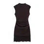 Sleeveless Mock Neck Plain Ruched Panel Lace Mini A-Line Dress