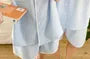 Couple Matching Pajama Set: Elbow-Sleeve Lapel Collar Striped Button-Up Top + Shorts (Various Designs)