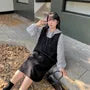 [XL-4XL] Set: Striped Hoodie + Scoop Neck Half-Buttoned Plain Midi Overall Dress