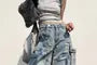 Mid Waist Washed Cargo Baggy Jeans