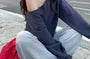 One Shoulder Plain Sweatshirt / Drawstring Waist Plain Wide Leg Sweatpants