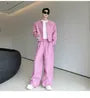 Set: Round Neck Tweed Open Front Jacket + Mid Rise Straight Leg Pants